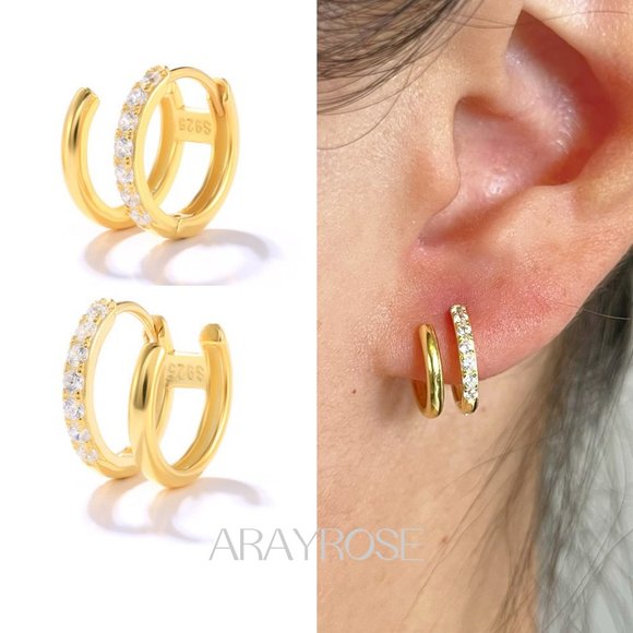 Jewelry - New Paved Double Hoop Earrings One Piercing, Fake Second Piercing Huggies